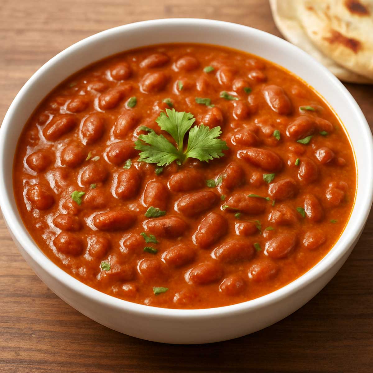 Authentic North Indian rajma masala served in a white bowl, garnished with fresh coriander and green chilies, paired with steamed basmati rice, easy Indian kidney beans curry recipe for dinner.