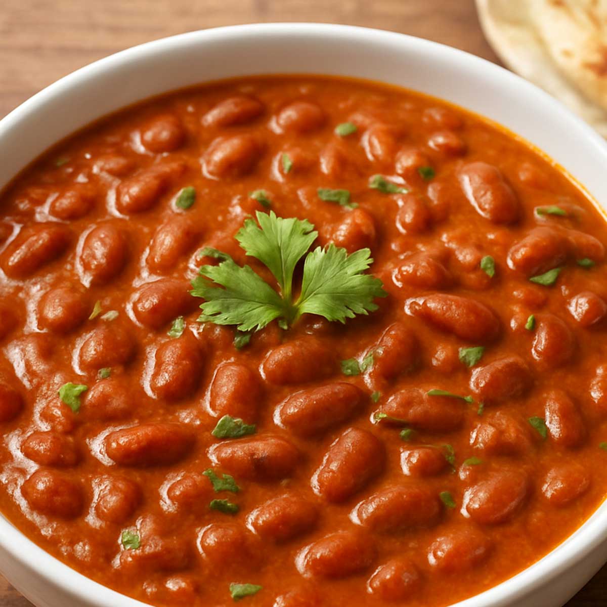 Hot homemade rajma masala in a ceramic bowl, showing red kidney beans in thick tomato gravy, garnished with cilantro, healthy North Indian dinner recipe.