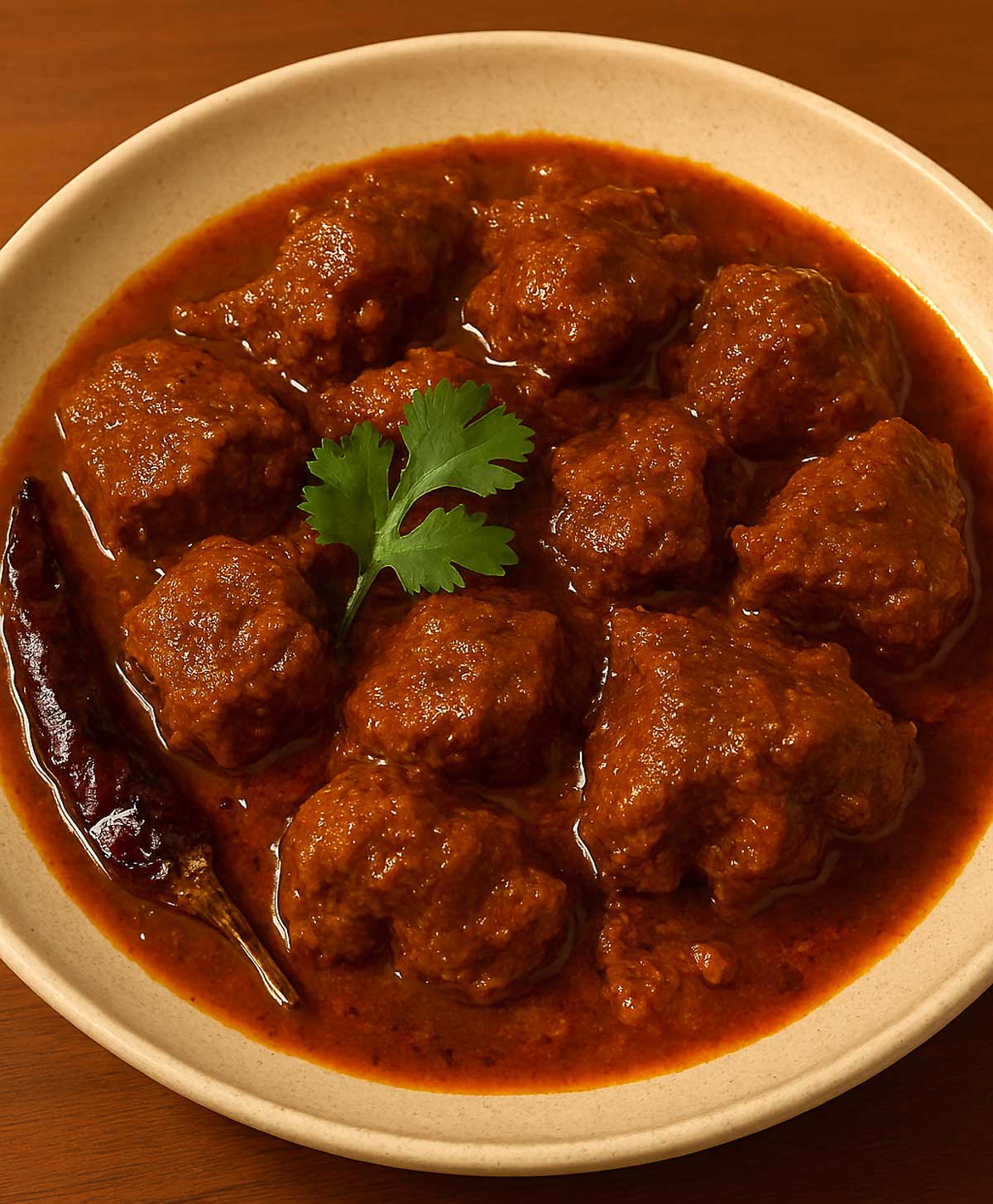 Spicy Indian rogan josh mutton curry cooked with deep red curry sauce and succulent meat chunks.
