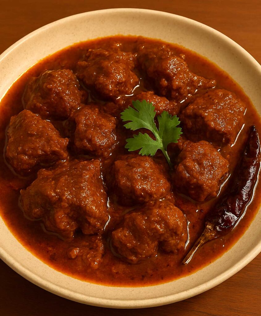 Authentic Kashmiri rogan josh curry served in a bowl with tender lamb pieces and rich red gravy.