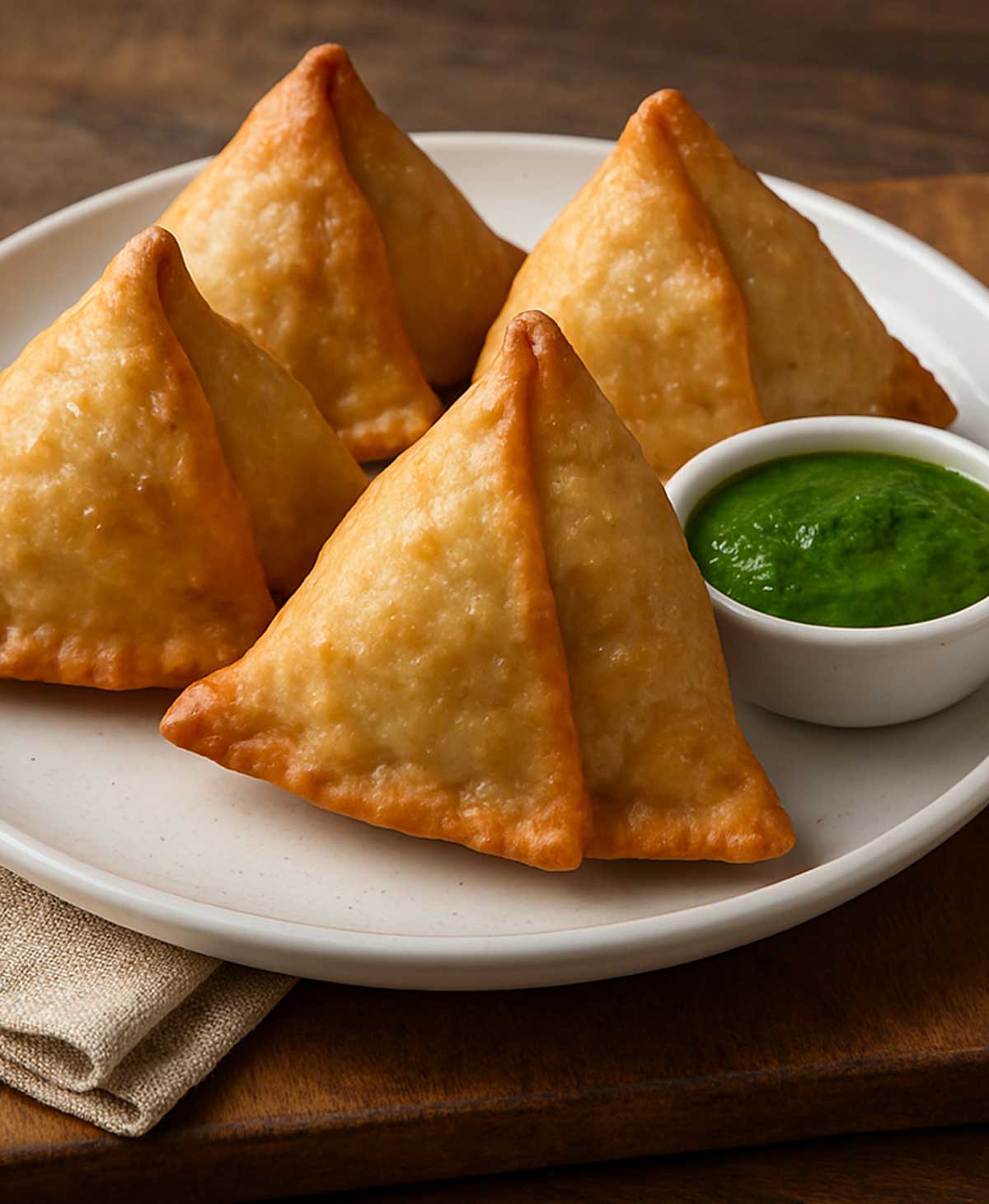 Crispy golden Indian samosas served on a plate with fresh green coriander-mint chutney, perfect snack highlighting the crunchy pastry and spiced potato-pea filling.