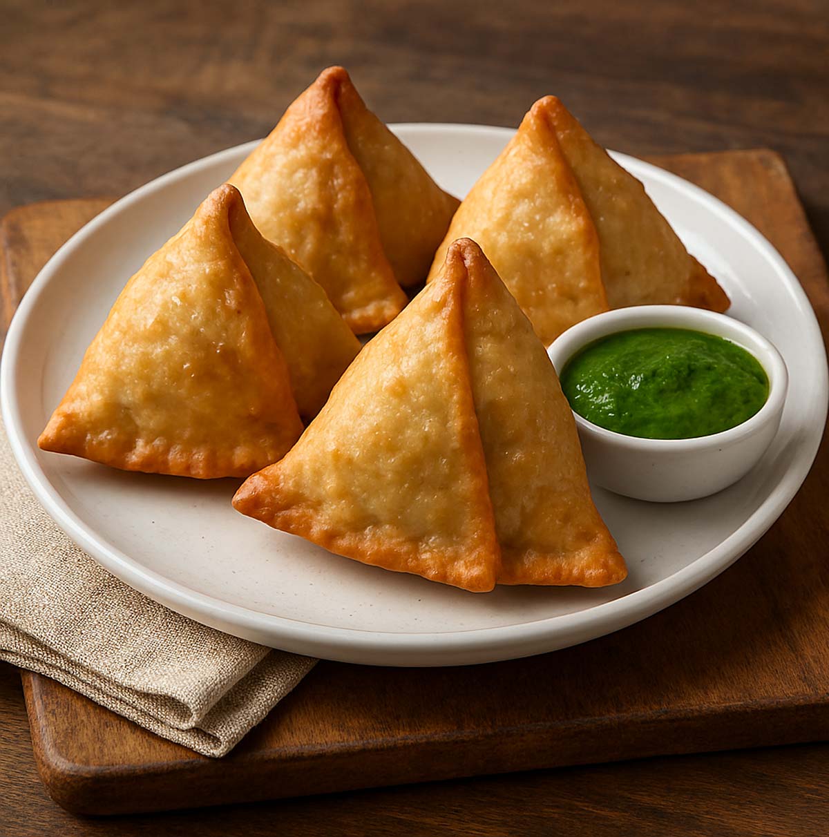 Crispy triangular potato and peas samosas served on a plate with dipping sauces, traditional Indian snack perfect for tea time.