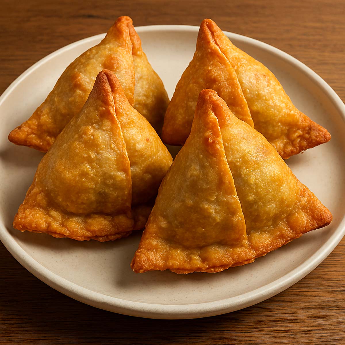 Crispy triangular potato and peas samosas served on a plate, delicious Indian snack for lunch or evening tea.