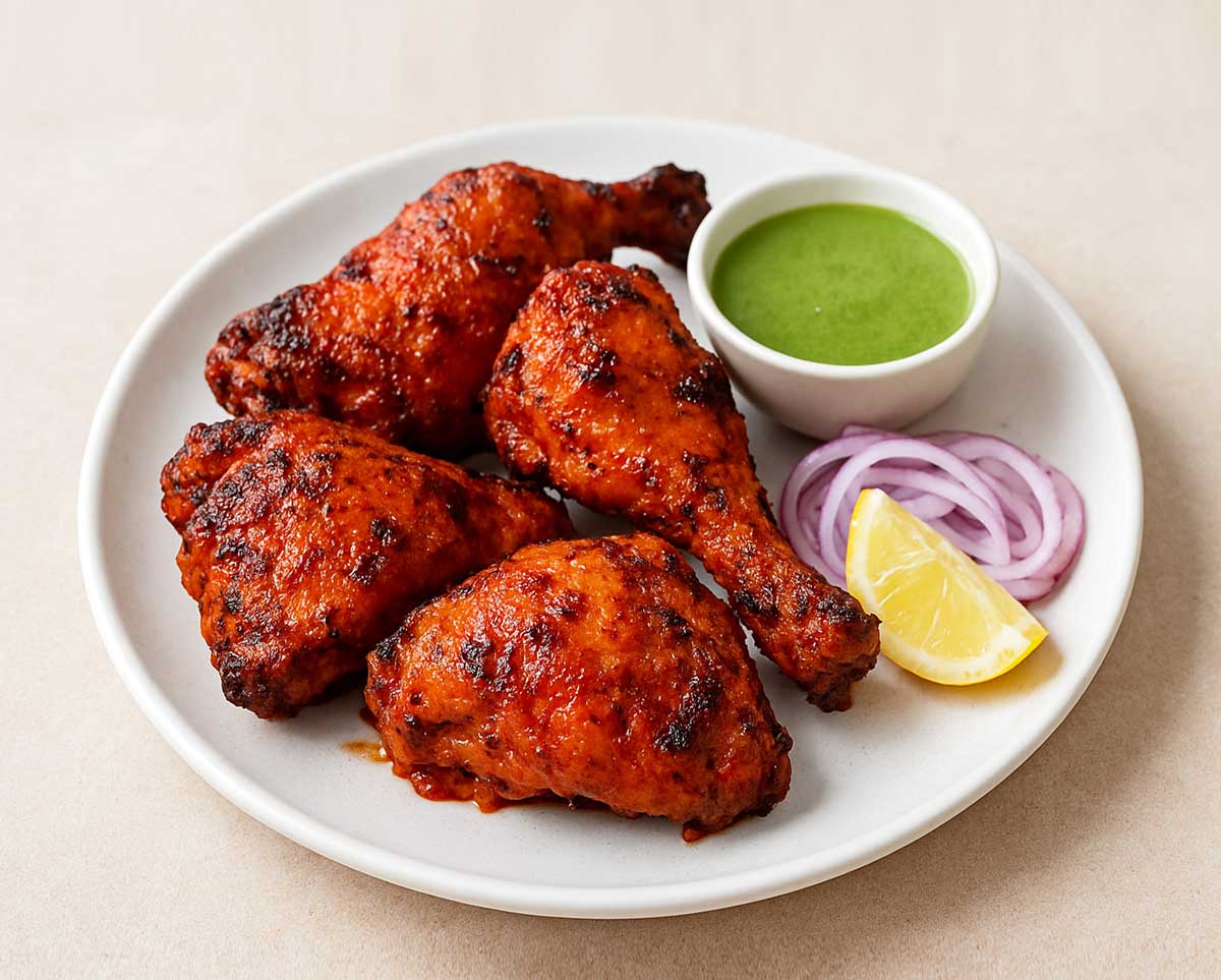 Multiple pieces of tandoori chicken served on a white plate with onions, green chutney, and lemon, perfect for a festive meal or buffet.