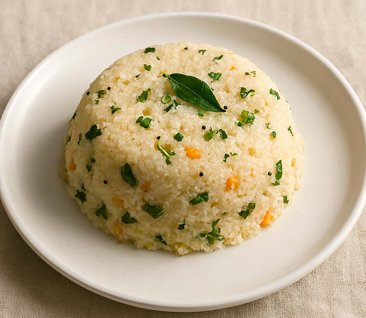 Semolina upma served on a white plate, made with roasted semolina, curry leaves, and green chilies, garnished with roasted peanuts for a healthy Indian breakfast.