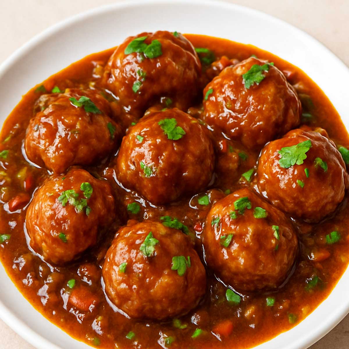 Crispy vegetable Manchurian balls coated in spicy Manchurian sauce, beautifully presented on a plate with fresh herbs for garnish.