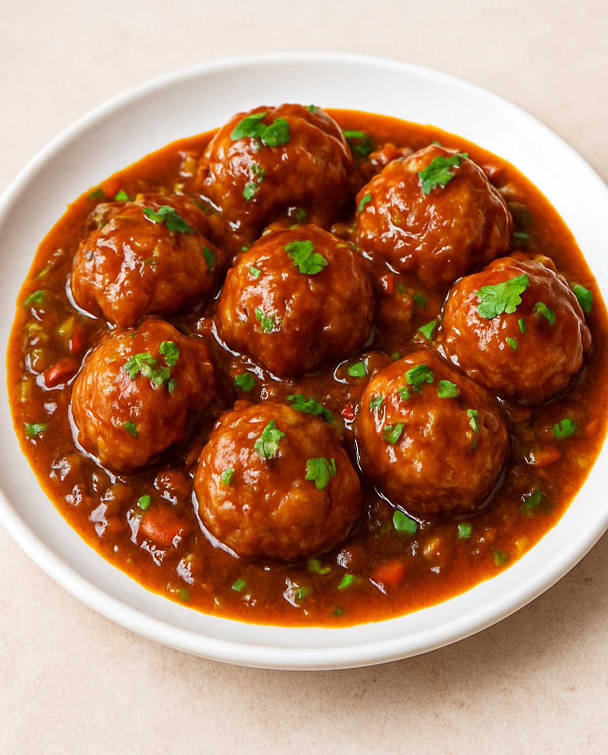 Authentic Veg Manchurian on a plate, featuring golden fried vegetable balls in rich gravy topped with spring onions.