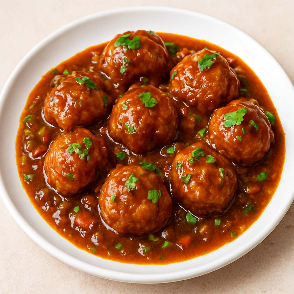 Restaurant-style Veg Manchurian on a plate with thick gravy, garnished with chopped spring onions and coriander leaves.