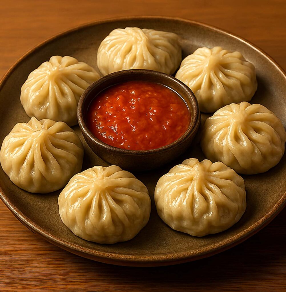 Steamed vegetable momos served on a plate with tangy tomato spicy red sauce in the center.