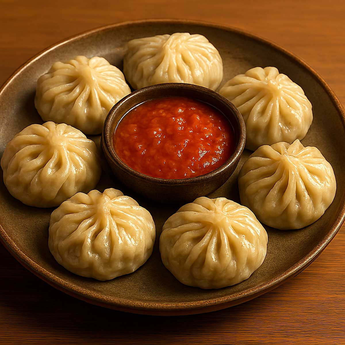 Steamed veg momos served with spicy red chutney on a traditional Indian plate.