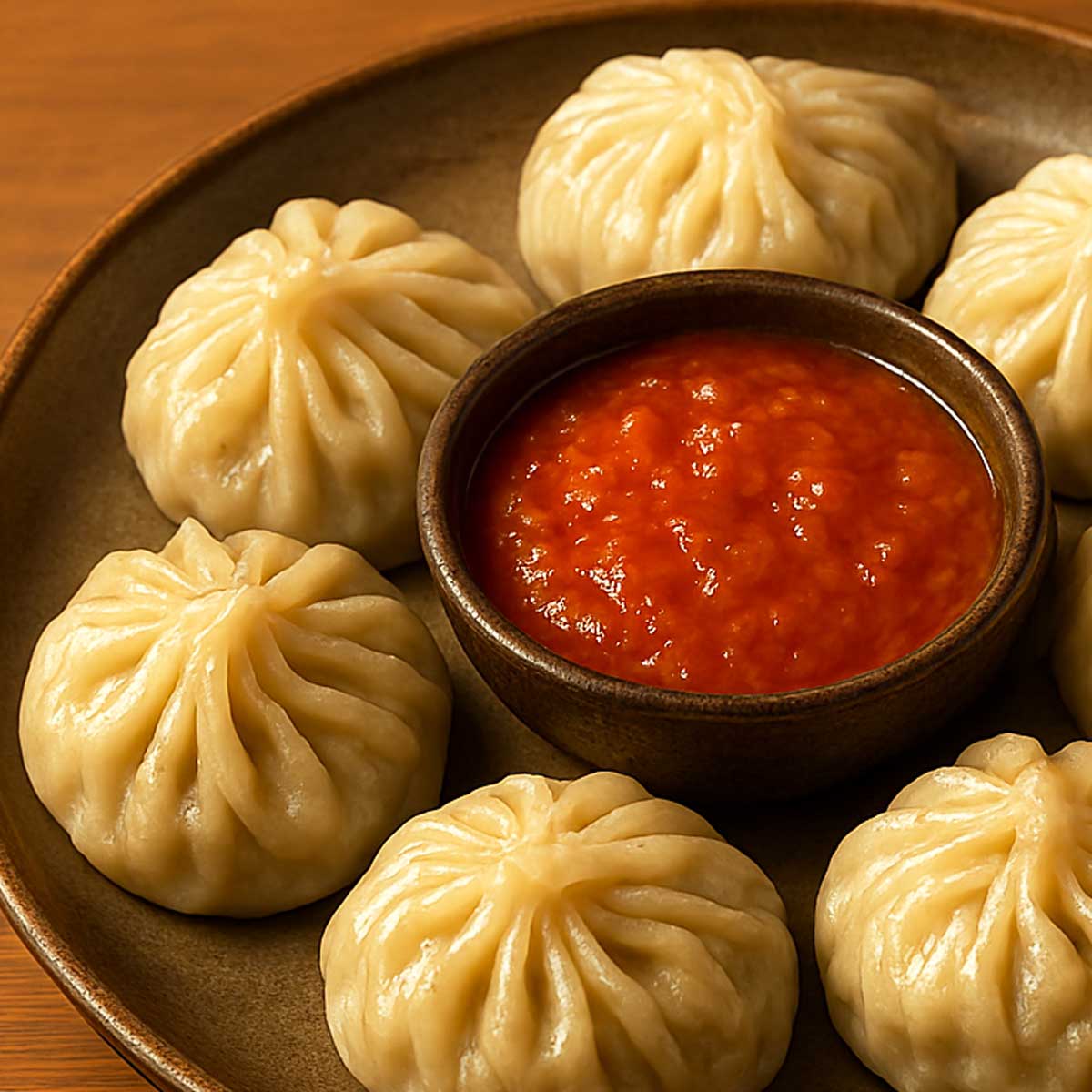 Veg momos with red chutney served on a rustic plate.