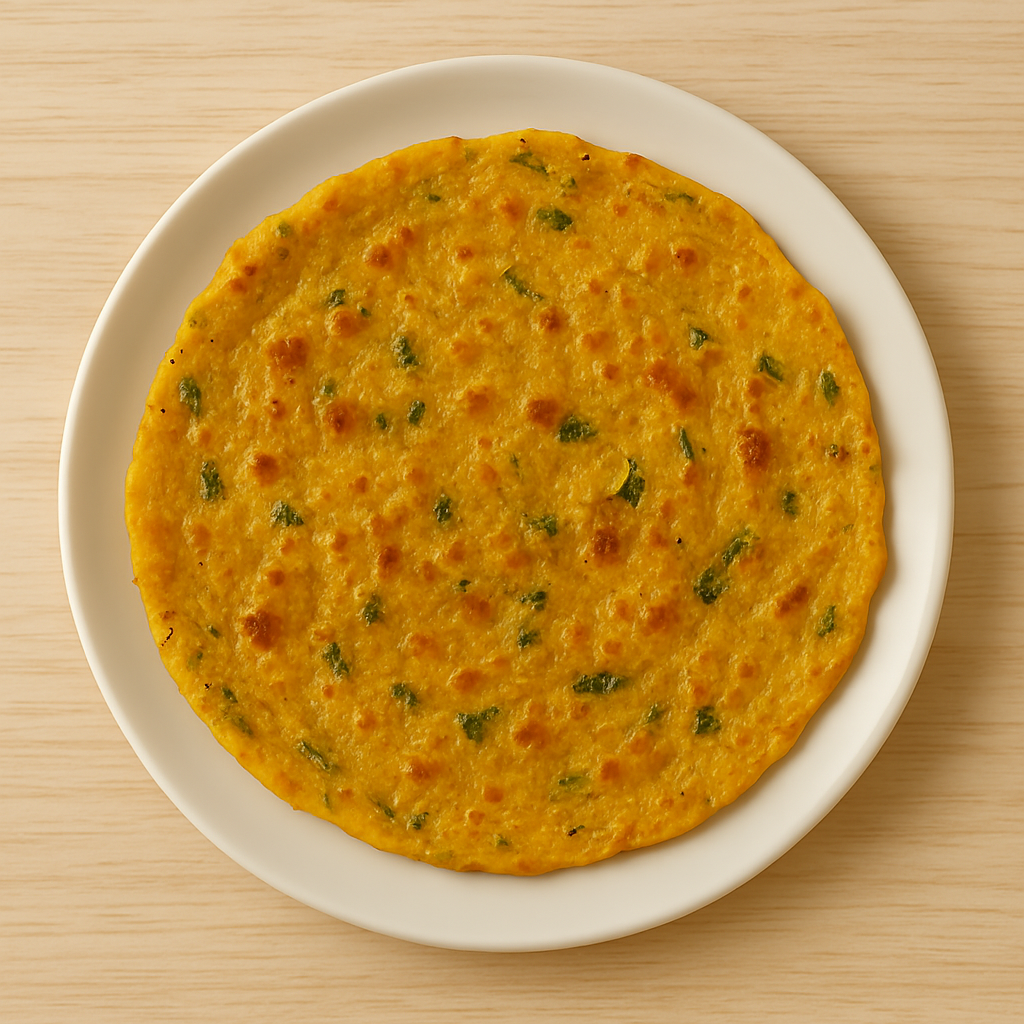 Healthy Indian gram flour pancake served on a round plate.