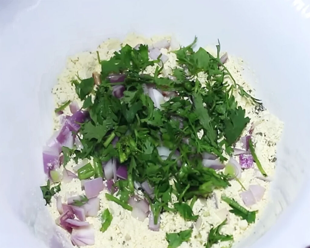 Kadhi Pakora Batter ingredients with Besan and Spices