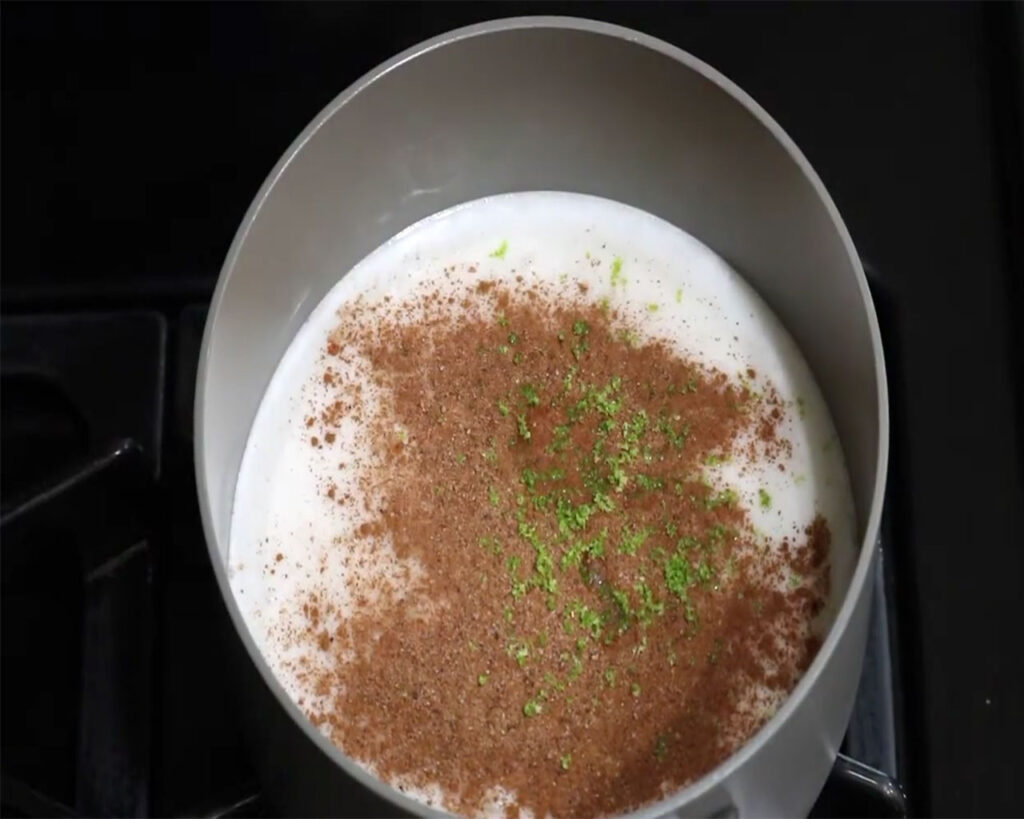 A medium-sized pot on a stove with unsweetened coconut milk, cinnamon powder, nutmeg, vanilla, and freshly grated lemon zest simmering over medium heat.