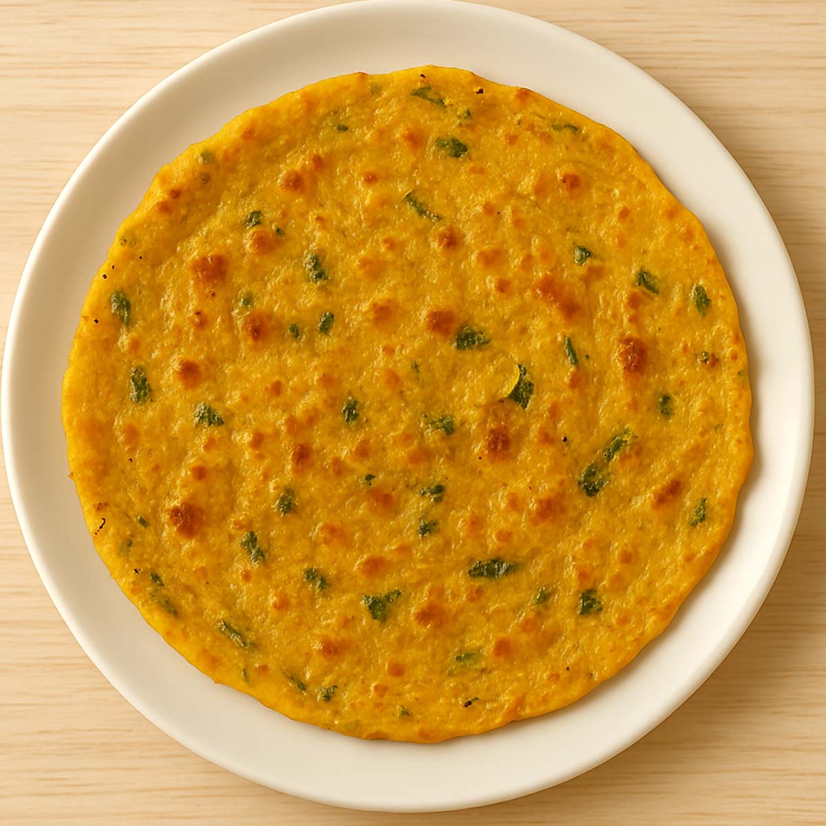Golden brown besan chilla served on a white plate.