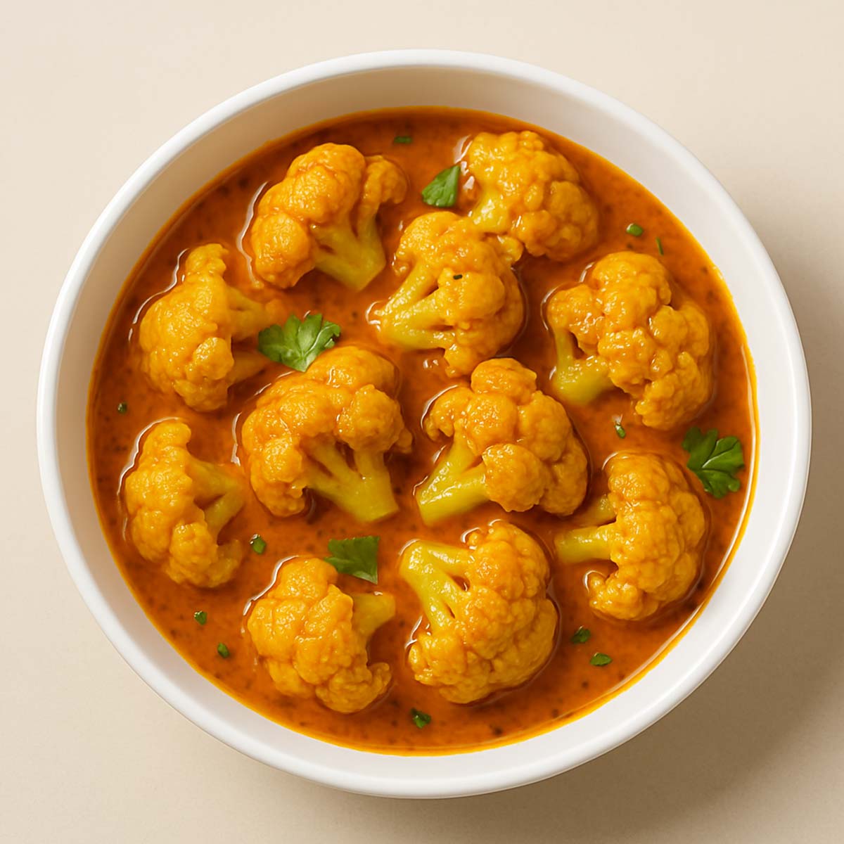 Indian cauliflower curry cooked with garlic, ginger, green chilies, and aromatic spices, served hot in a bowl.