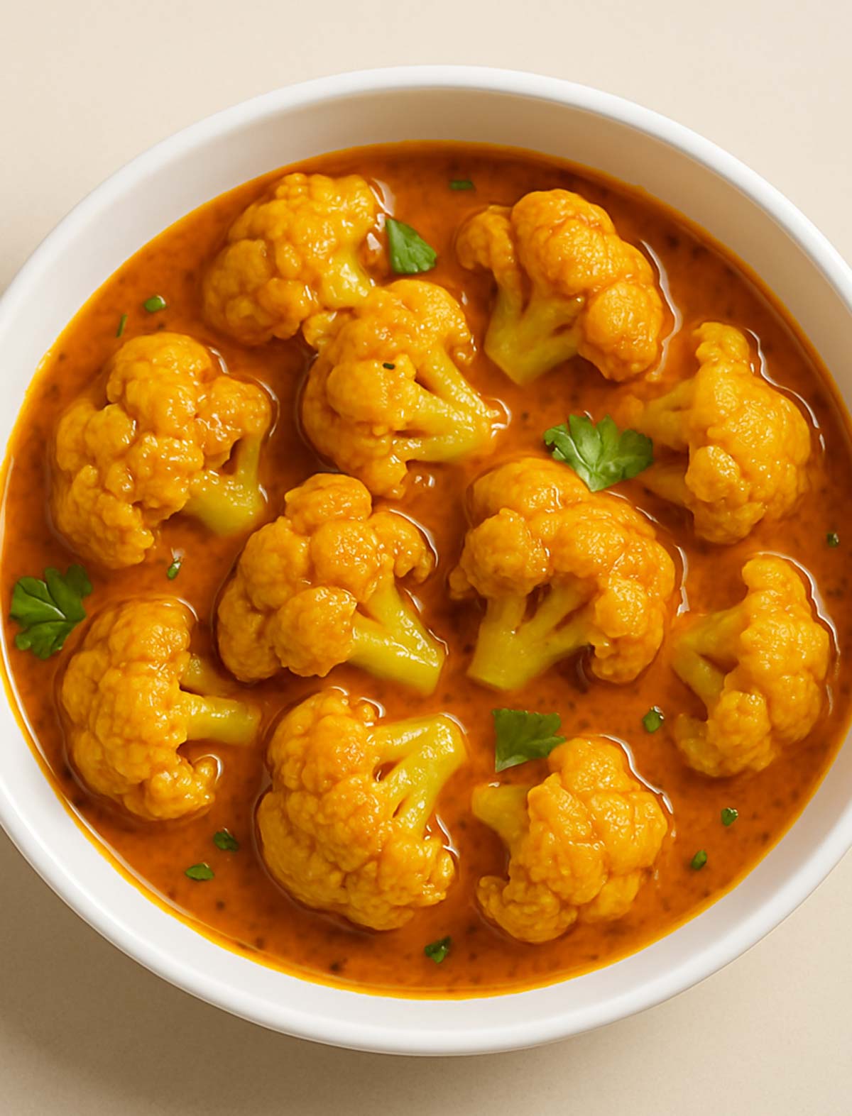 Homemade Indian cauliflower curry served in a white bowl, garnished with fresh coriander, showcasing rich tomato-onion gravy and tender cauliflower florets.