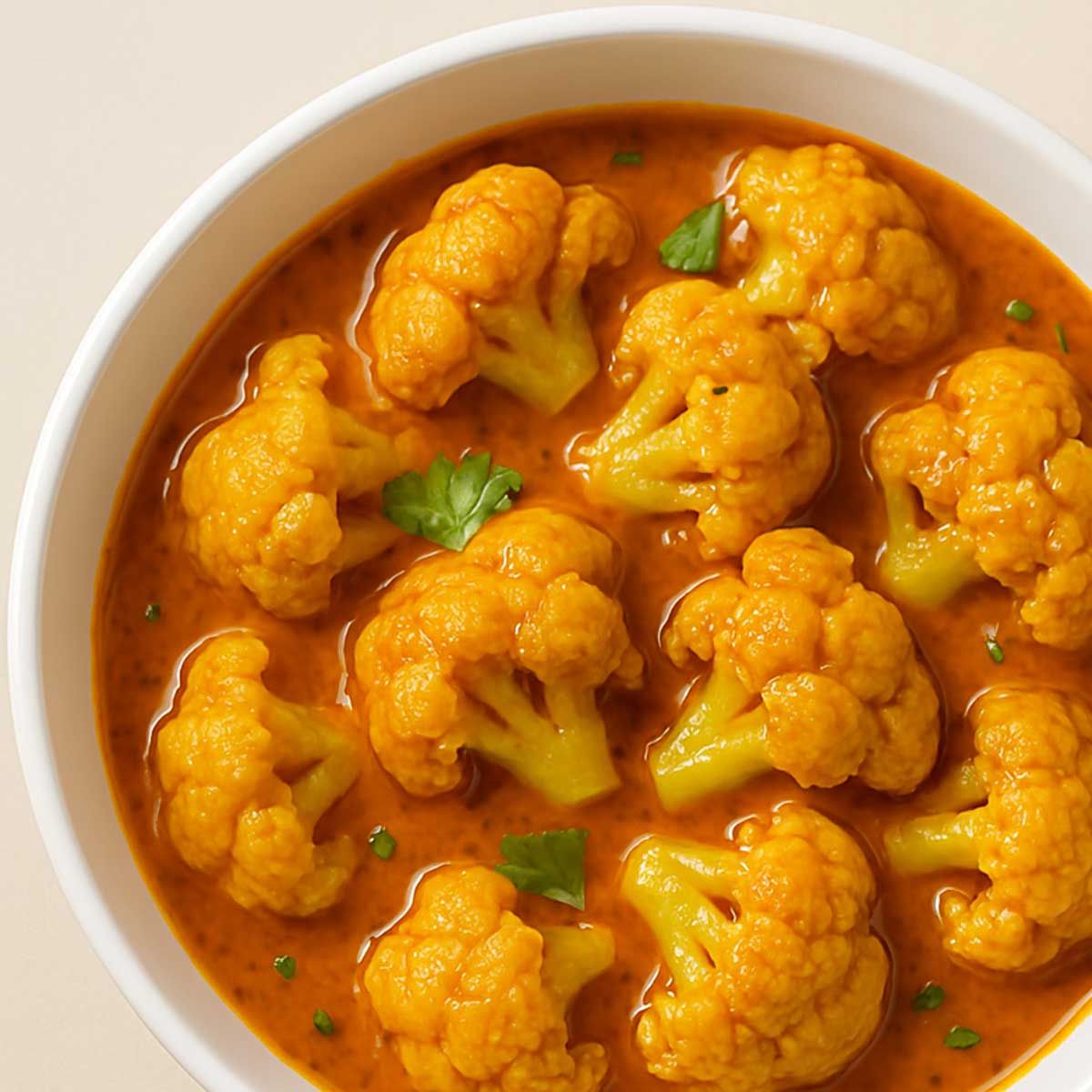 Close-up of spicy cauliflower curry with thick Indian-style gravy, highlighting vibrant colors and creamy texture, perfect for a vegetarian meal.