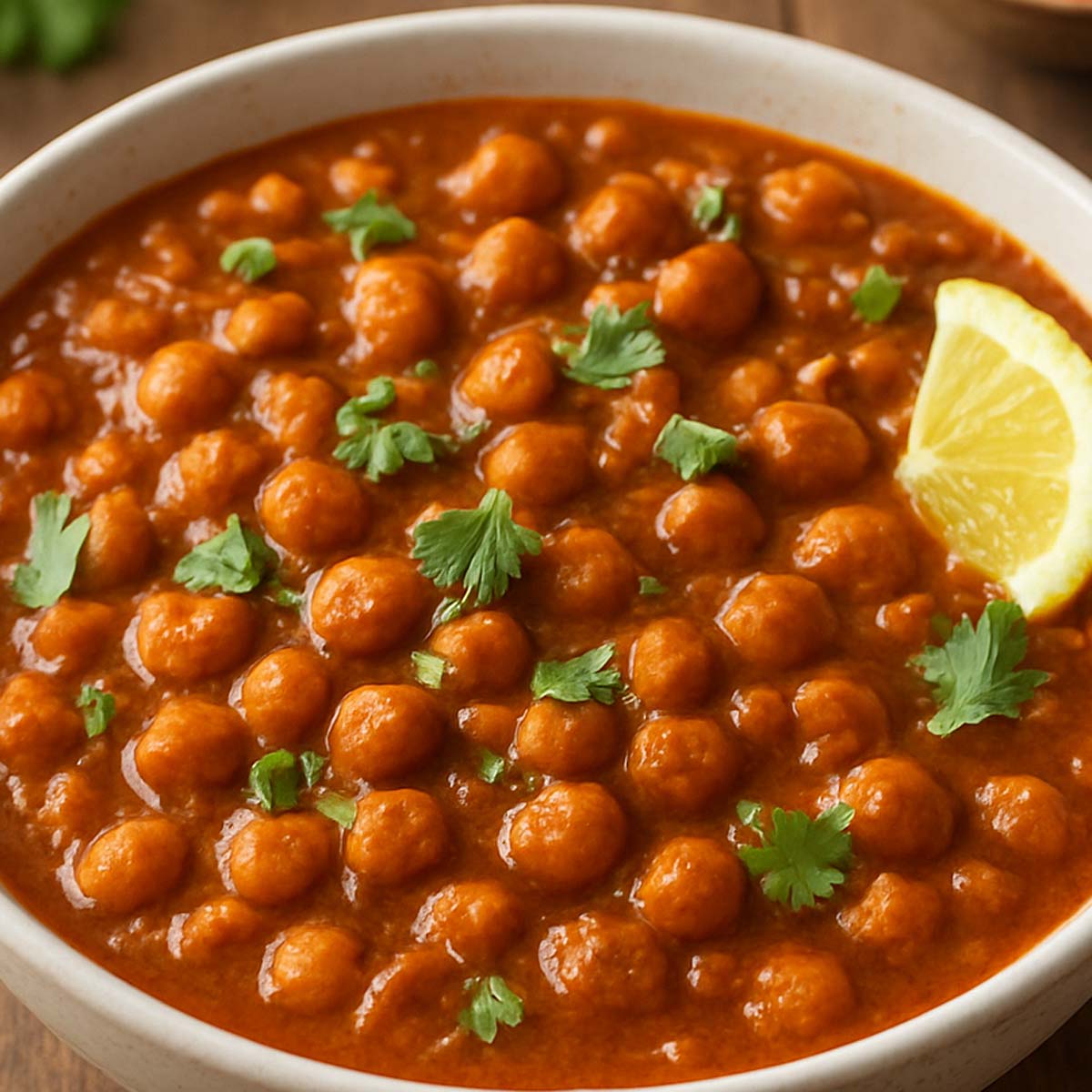 Close-up of spicy Chana Masala recipe with chickpeas in thick gravy, an authentic Indian vegetarian curry.