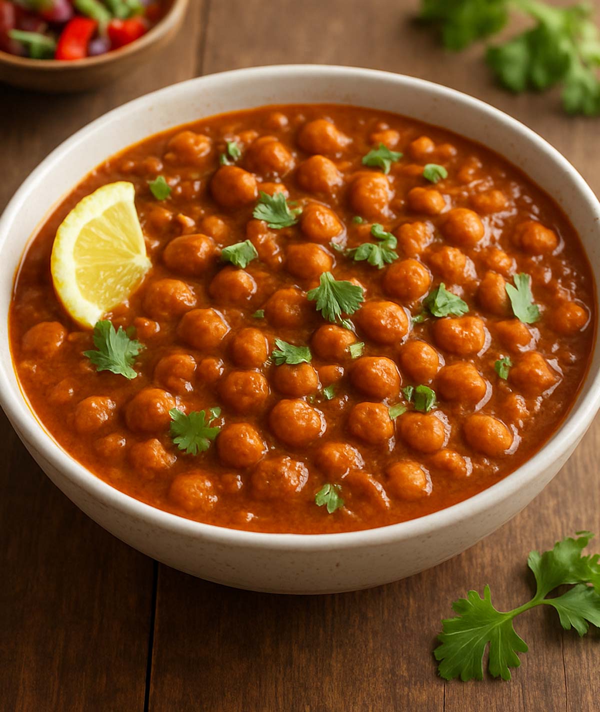 North Indian style Chole Masala with white chickpeas simmered in flavorful curry, paired with rice and bhature.