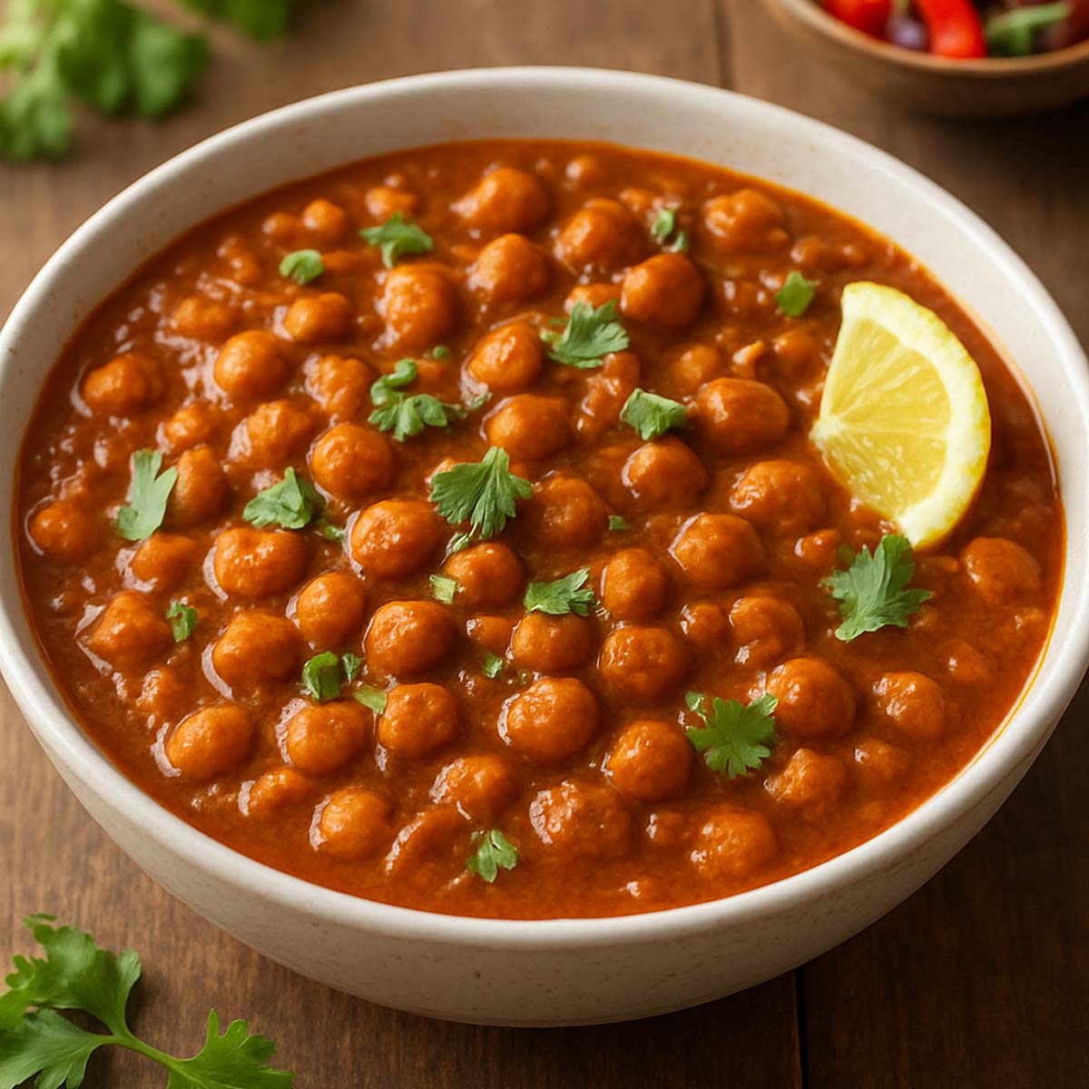 Chana Masala with chickpeas cooked in spiced tomato-onion curry, served with fresh coriander and lemon garnish.