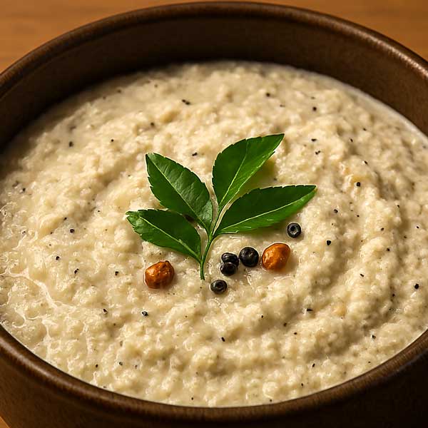 Authentic Indian coconut chutney recipe in a small bowl, prepared with fresh coconut.