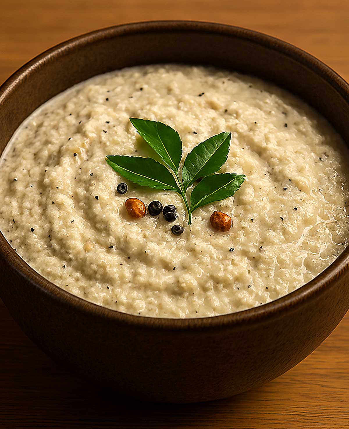 Creamy coconut chutney in a bowl, a traditional South Indian side dish made with grated coconut, ginger, and tempered curry leaves.