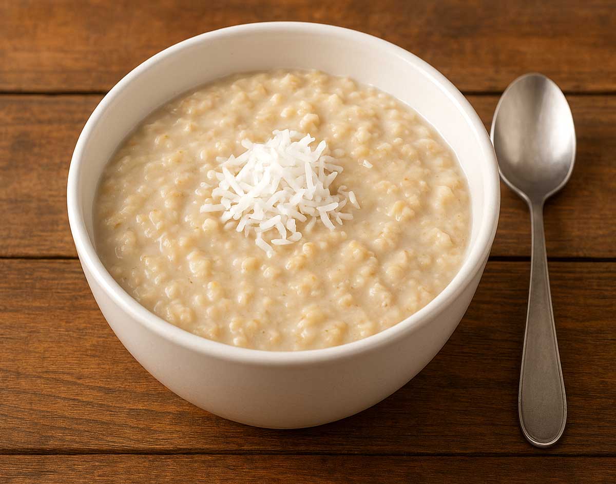 Bowl of healthy sweet oatmeal made with coconut milk, placed on rustic wooden table, wholesome breakfast dish.