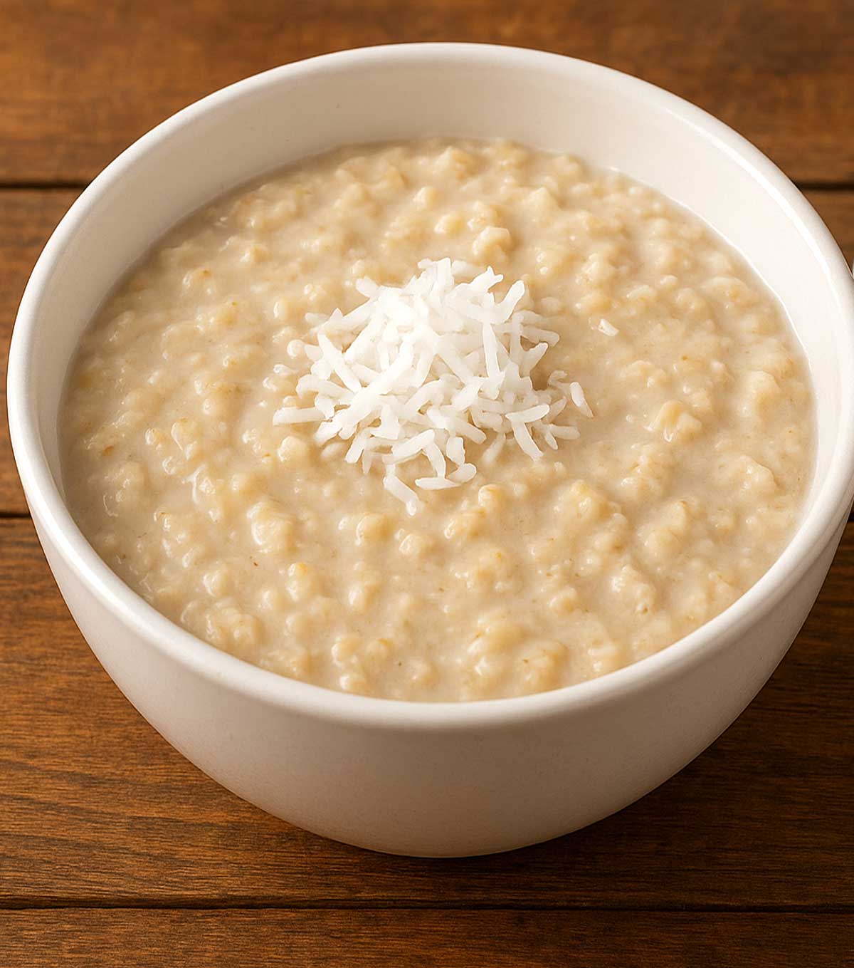 Creamy sweet coconut milk oatmeal served in a white bowl on a wooden table, a healthy vegan breakfast recipe.