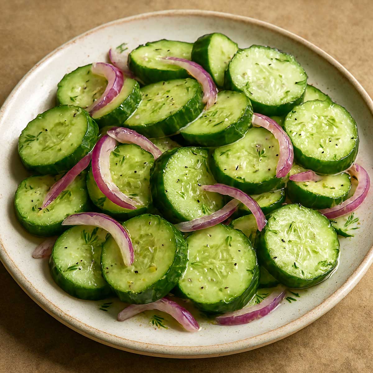 Crisp cucumber salad served neatly on a plate.