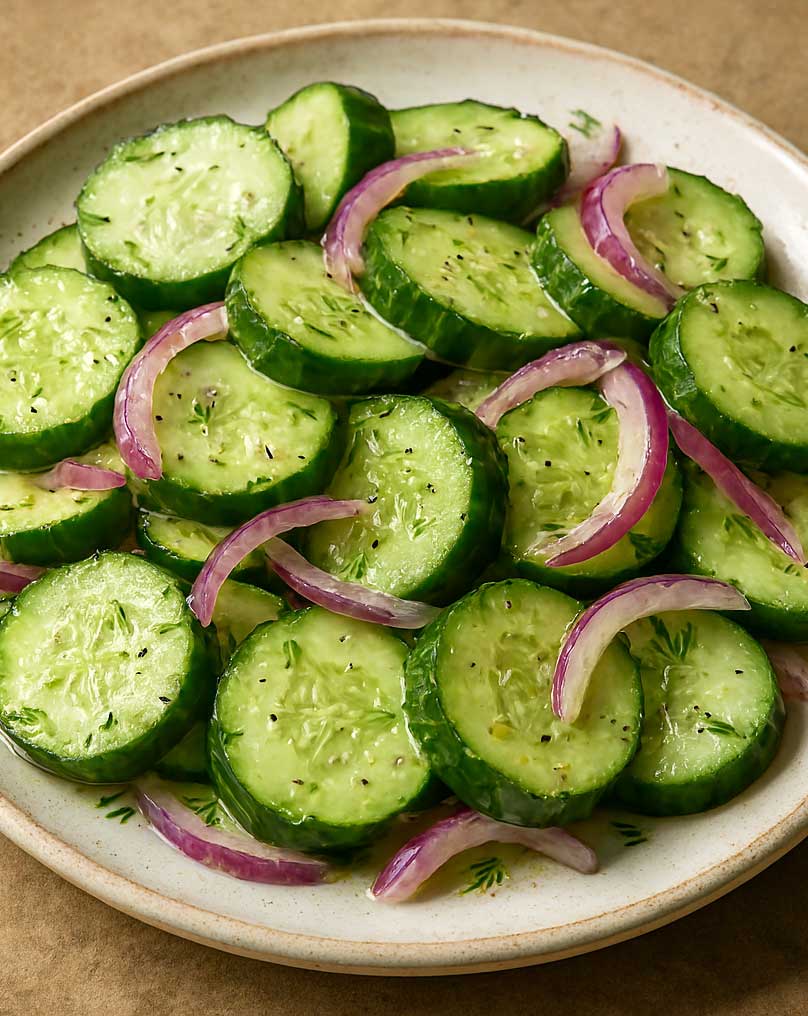 Fresh cucumber salad served on a white plate with herbs and a light dressing.