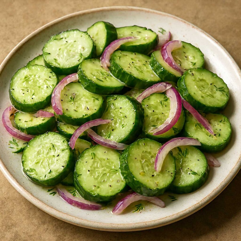 Healthy cucumber salad with onions slices arranged on a plate.