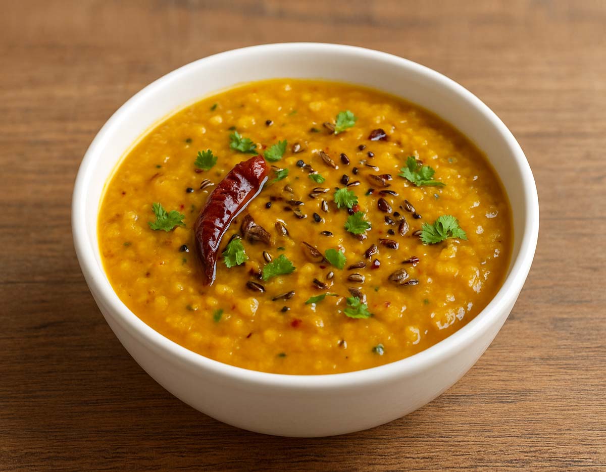 Restaurant-style Dal Tadka served hot, with golden lentils, buttery ghee tempering, and aromatic spices.