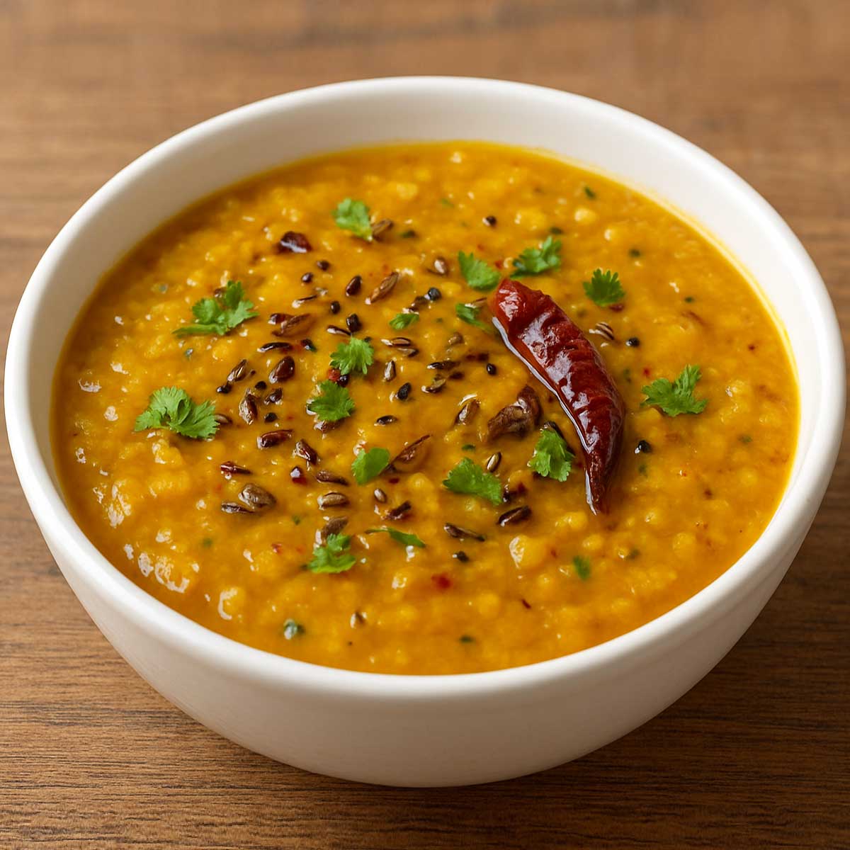 Authentic Indian Dal Tadka made with yellow lentils and finished with a smoky tadka of ghee, garlic, mustard seeds, and curry leaves.