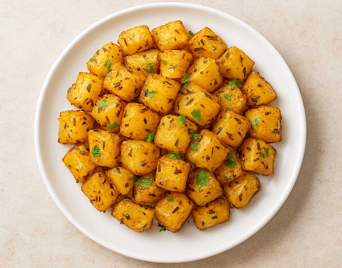 Ccumin potato stir-fry (Jeera Aloo) cooked with mustard oil, dried red chilies, and aromatic spices, served with roti or paratha.