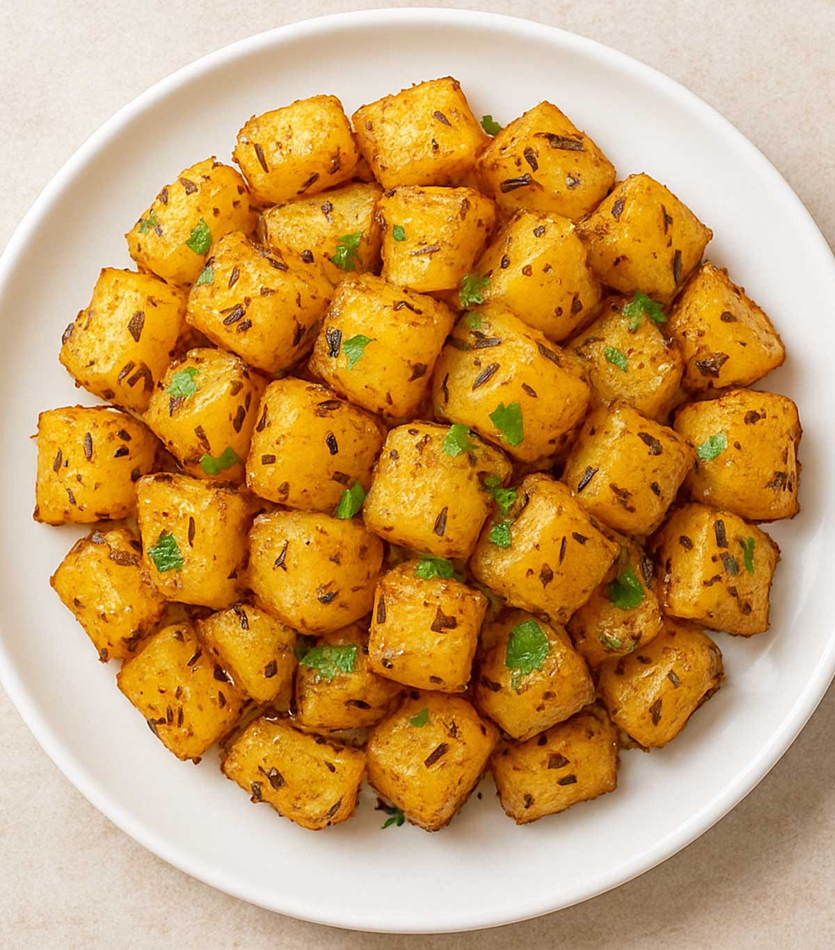 Spicy and flavorful Jeera Aloo recipe with cubed potatoes, tempered with cumin, garlic, and green chili paste, garnished with fresh coriander leaves.