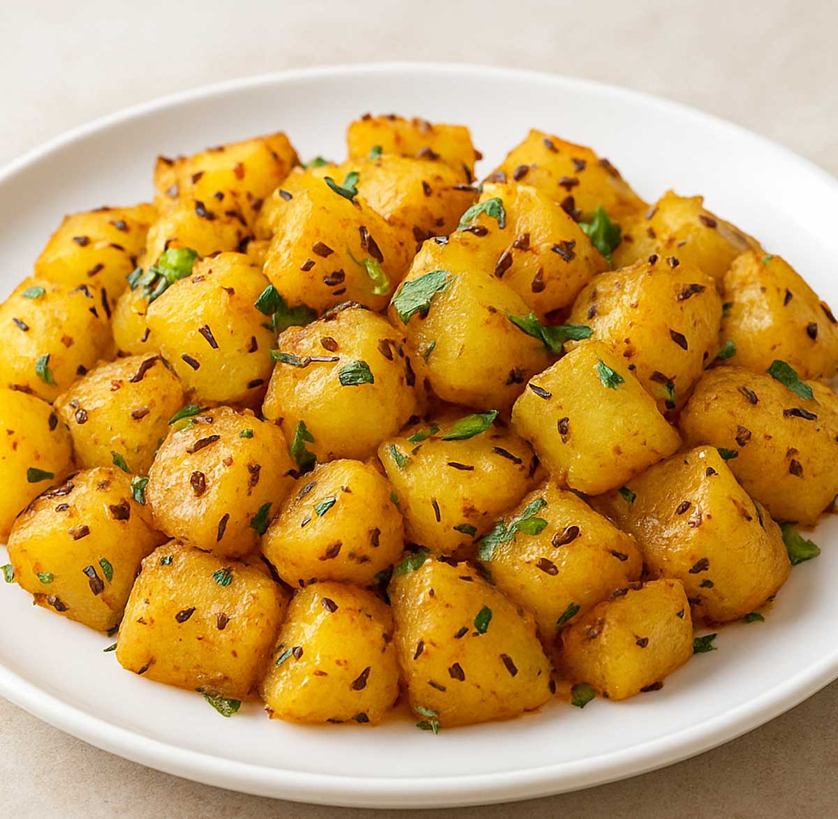 Restaurant-style Jeera Aloo cooked in ghee with turmeric, Kashmiri red chili powder, and garam masala, served as a quick and easy Indian side dish.