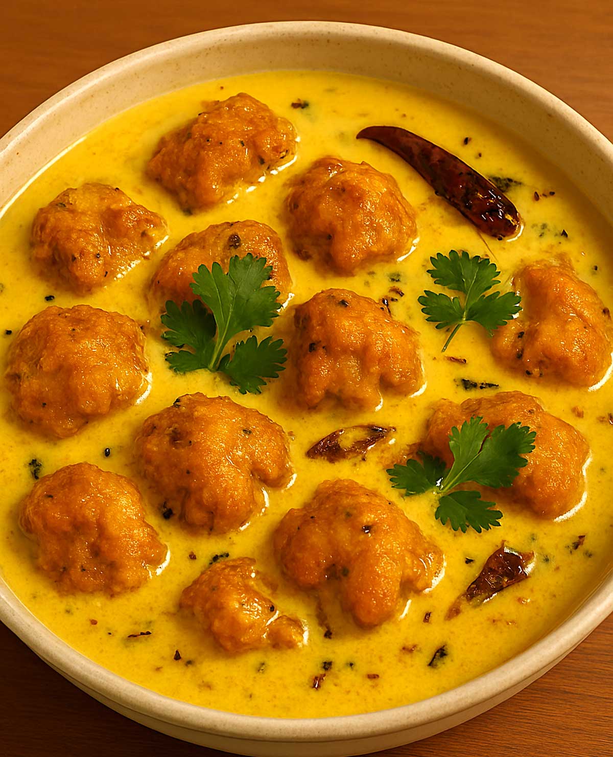 Authentic North Indian kadhi pakora served hot in a bowl with crispy pakoras in creamy yogurt-based curry.
