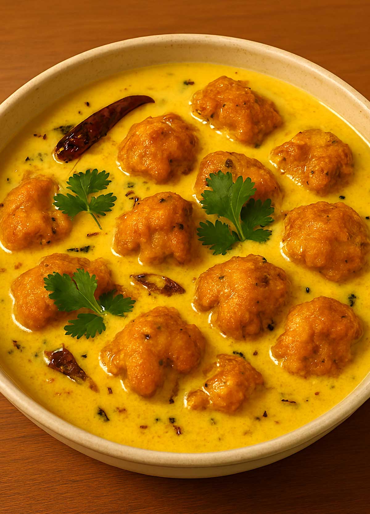Kadhi pakora with fluffy pakoras soaked in tangy spiced yogurt curry, garnished with coriander.