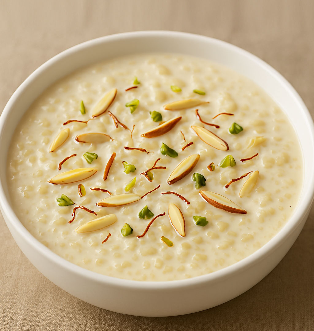 Traditional Indian rice kheer dessert served in a bowl, garnished with almonds, pistachios, and saffron strands.