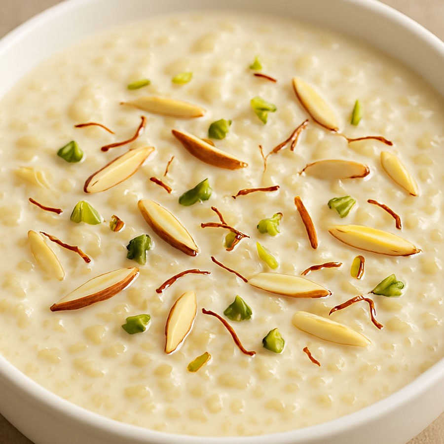 Creamy kheer made with milk, basmati rice, sugar, and cardamom, topped with dry fruits on a plate.