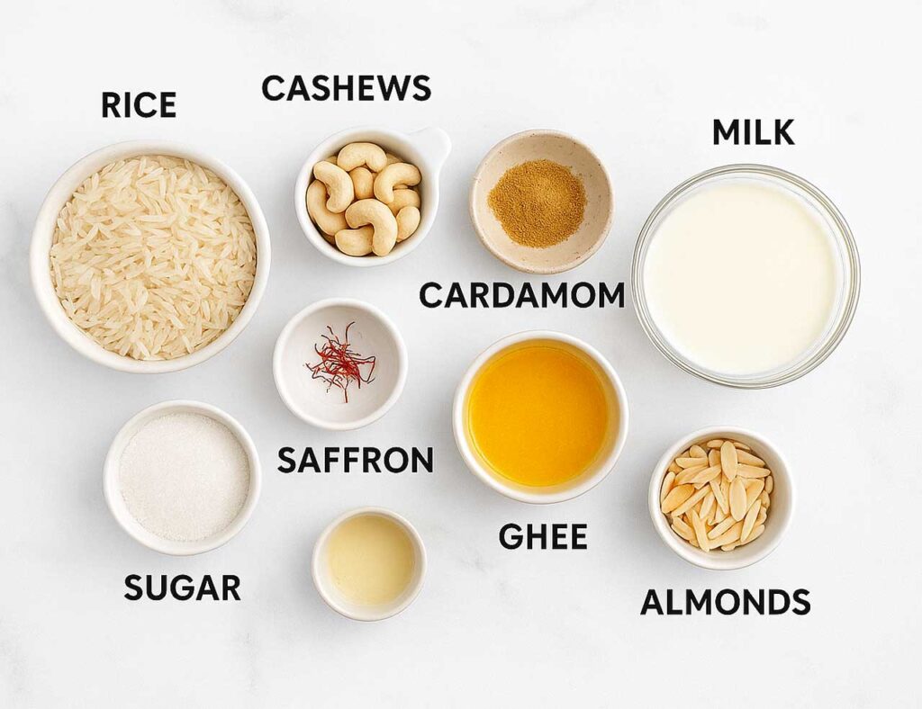 Ingredients for Kheer recipe rice, milk, sugar, saffron, cardamom, ghee, cashews, and almonds in bowls on a rack.