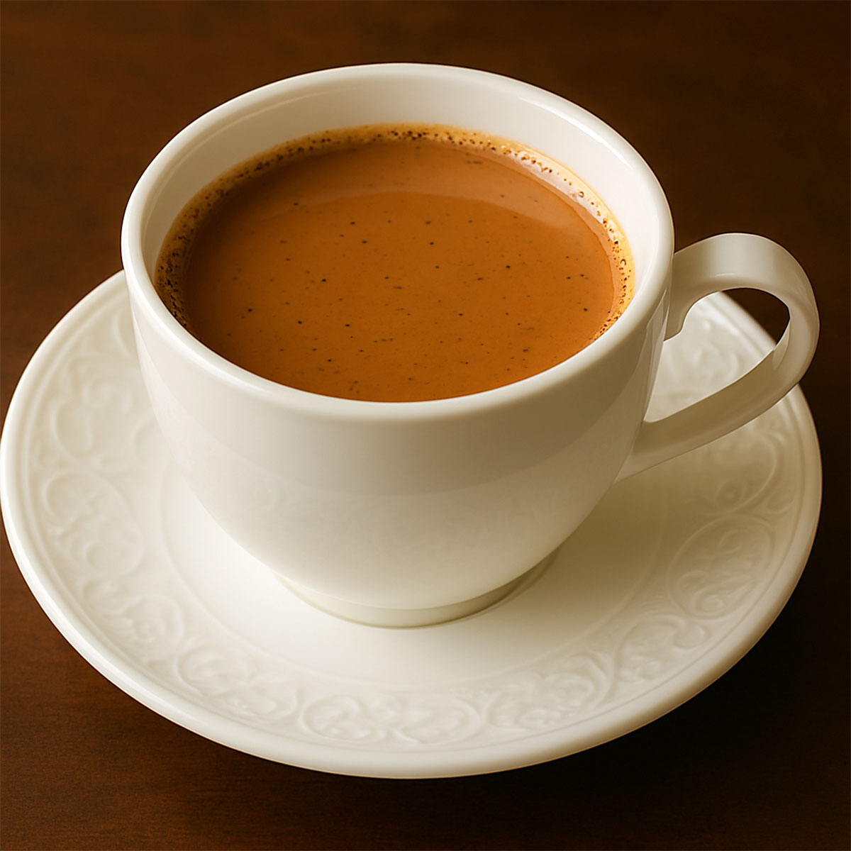 Freshly brewed Indian masala chai with aromatic spices served in a white ceramic cup with warm brown color