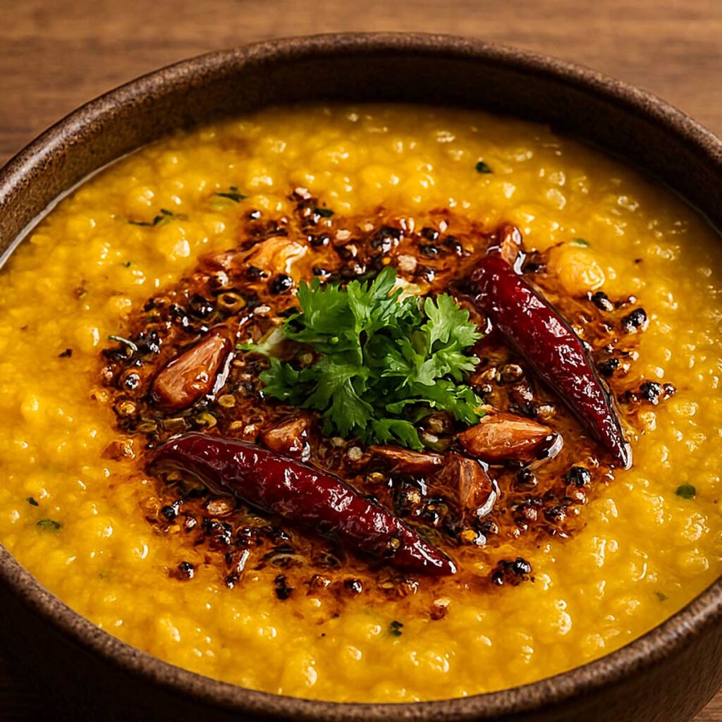 Protein-rich masoor dal recipe cooked with turmeric and topped with spicy Indian tadka.