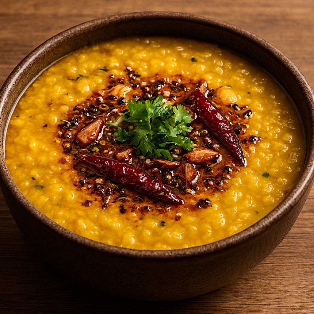 Masoor dal with tadka served in a white bowl, garnished with red chili and coriander leaves.
