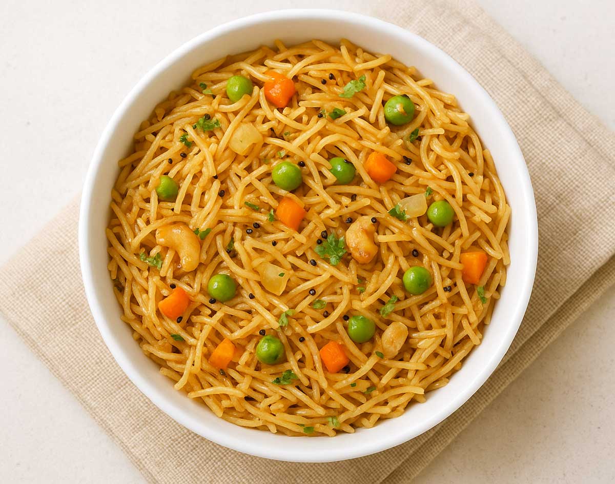 Top view of south Indian style vermicelli upma in a bowl perfect for Indian breakfast meal