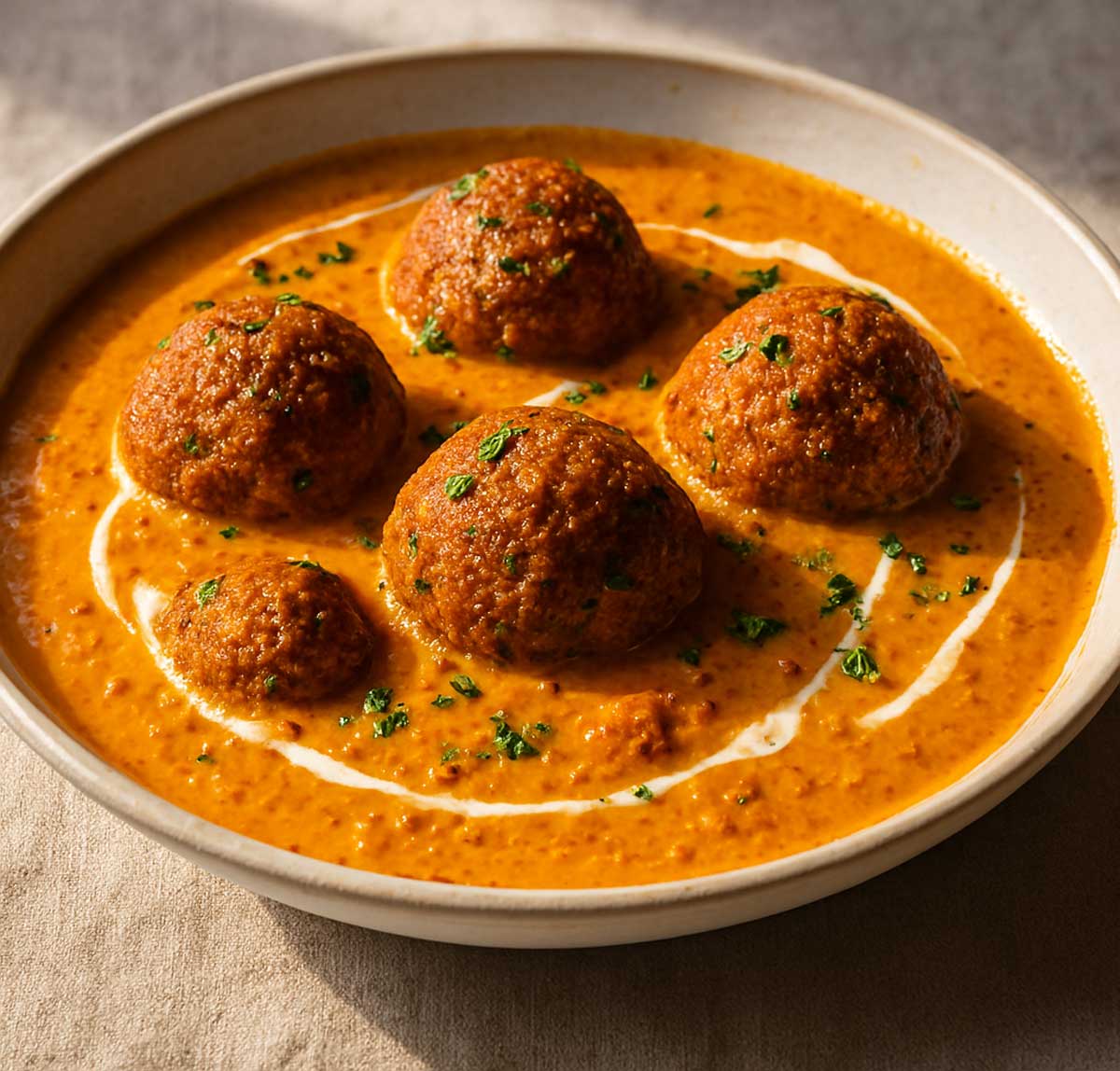 Authentic Indian veg kofta curry served in a white ceramic bowl, showcasing golden fried kofta balls simmered in a rich tomato and cashew-based gravy