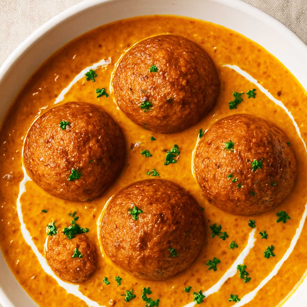 Veg kofta curry served with thick, orange-red gravy, highlighting the texture of fried kofta balls soaked in flavorful curry