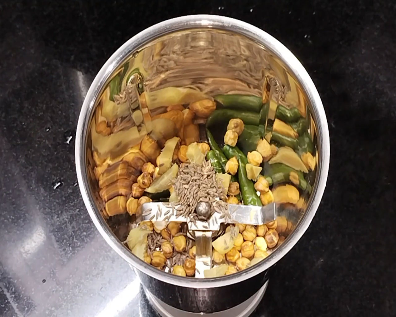 Green chilies, roasted chana dal, cumin seeds, ginger for chutney