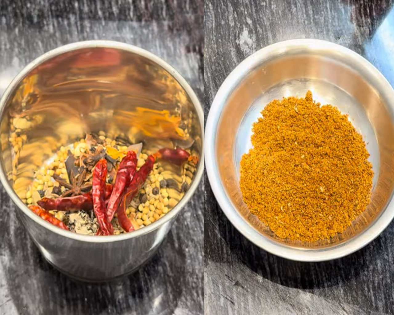Whole Indian spices like coriander, cumin, cardamom, and star anise ready to be ground for chicken curry masala